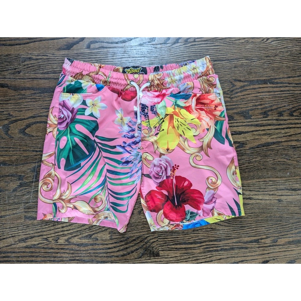 Good Vibes Drill Clothing Men's Pink Tropical Floral  Swim Shorts Size M Palm